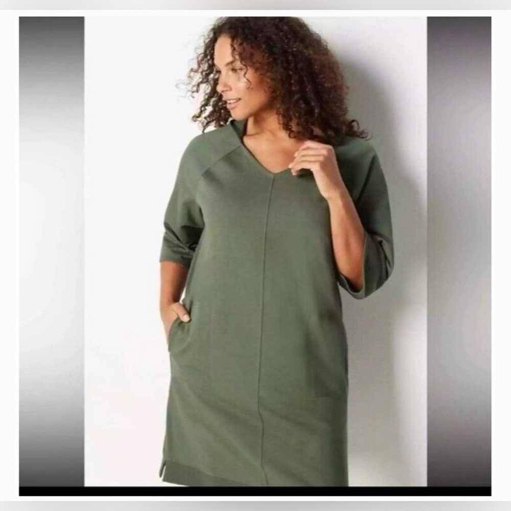 NWT J.Jill Excellent Fit Elevate Terry Hooded Dress, Pesto Green XL Minimalist